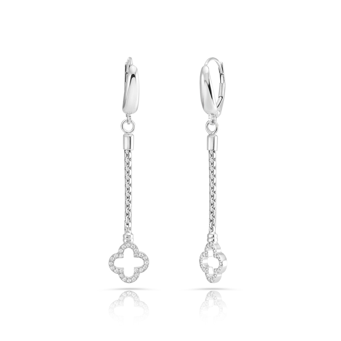 Ohrringe aus rhodiniertem Sterlingsilber, geflochtene Kette mit Kleeblatt-Anhänger, besetzt mit weißen Zirkonia E-4639