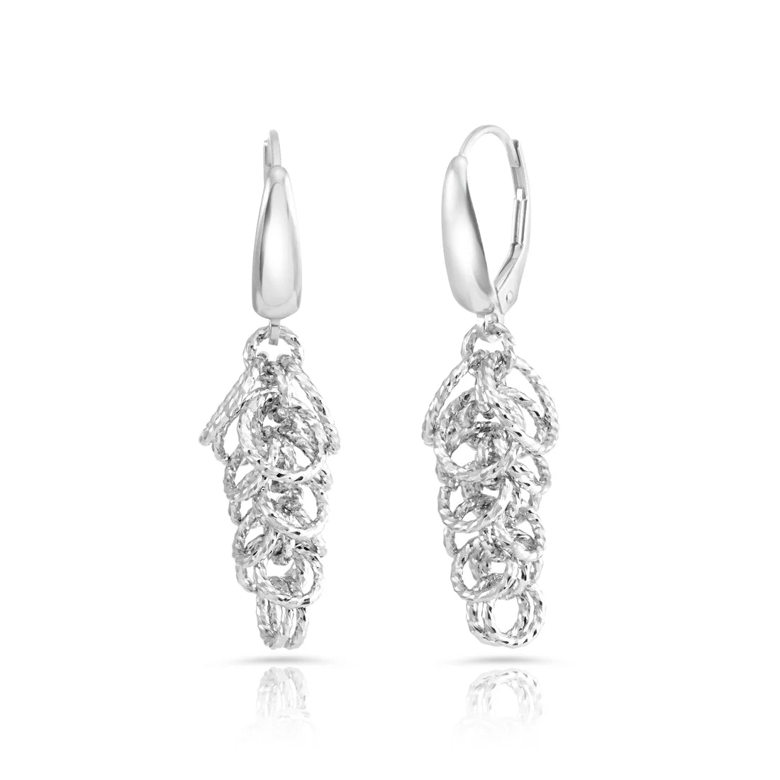Rhodinierte Ohrringe aus Sterlingsilber in länglicher Baumform, mit mehreren Ringen und glänzender Diamantschliff-Oberfläche E-4621