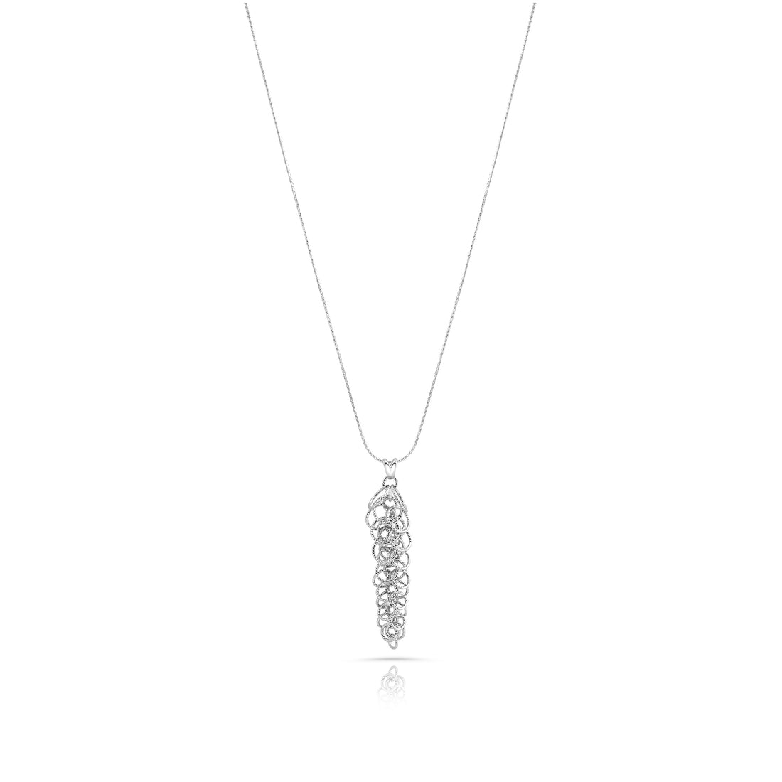 Halskette aus rhodiniertem Sterlingsilber mit langer feiner gedrehter Kette und länglichem Baum Anhänger N-4627