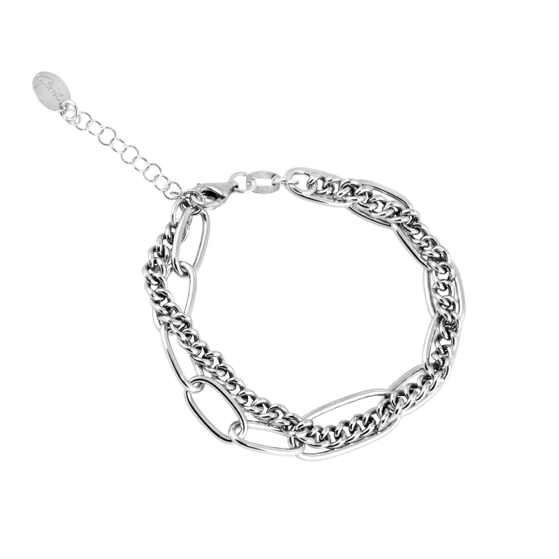 Armband aus rhodiniertem Sterlingsilber, ineinander verschlungenen ovalen Gliedern unterschiedlicher Größe und einer Gourmetgliederkette B-1450