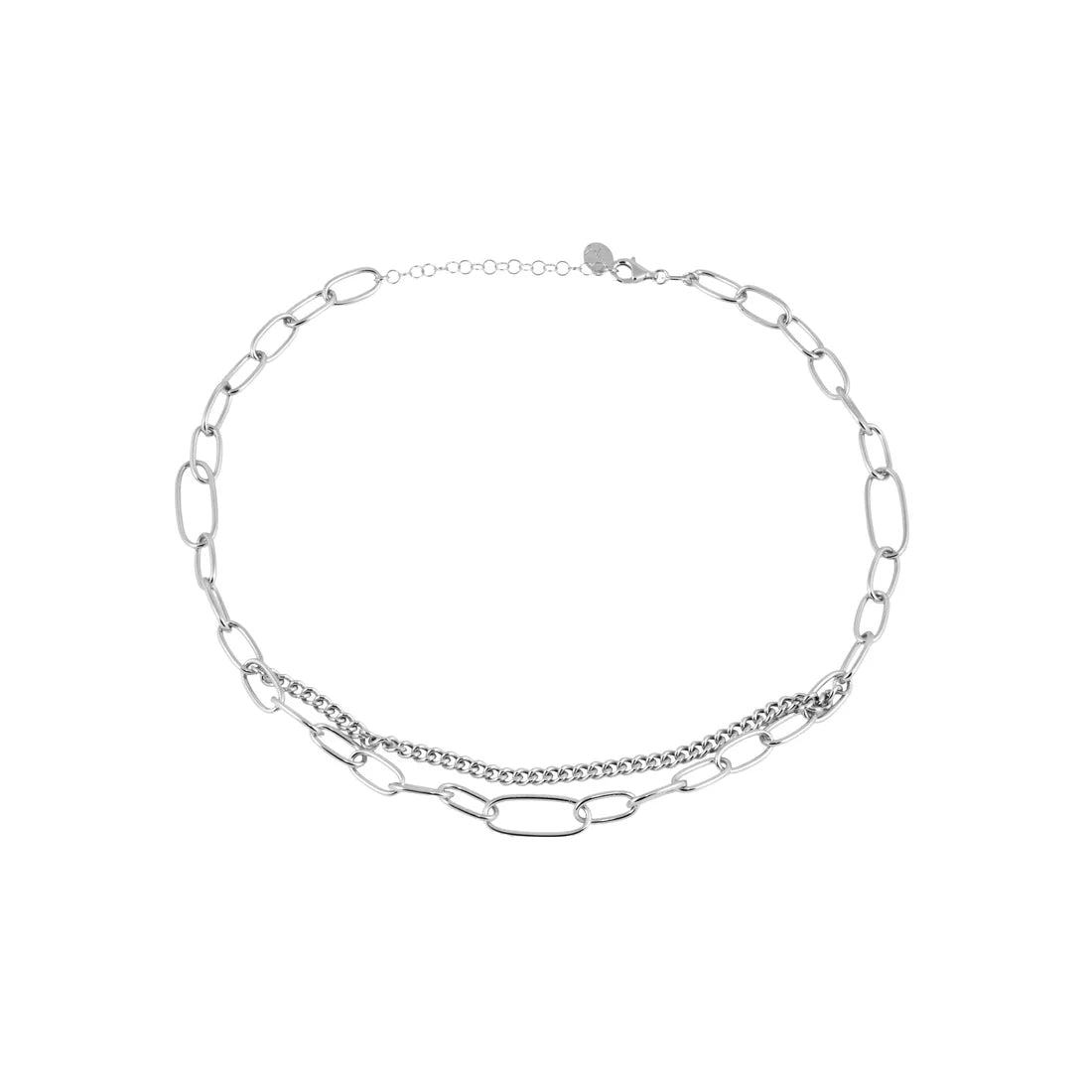 Halskette aus rhodiniertem Sterlingsilber, bestehend aus ineinander verschlungenen ovalen Gliedern unterschiedlicher Größe und einer Gourmetgliederkette N-1515
