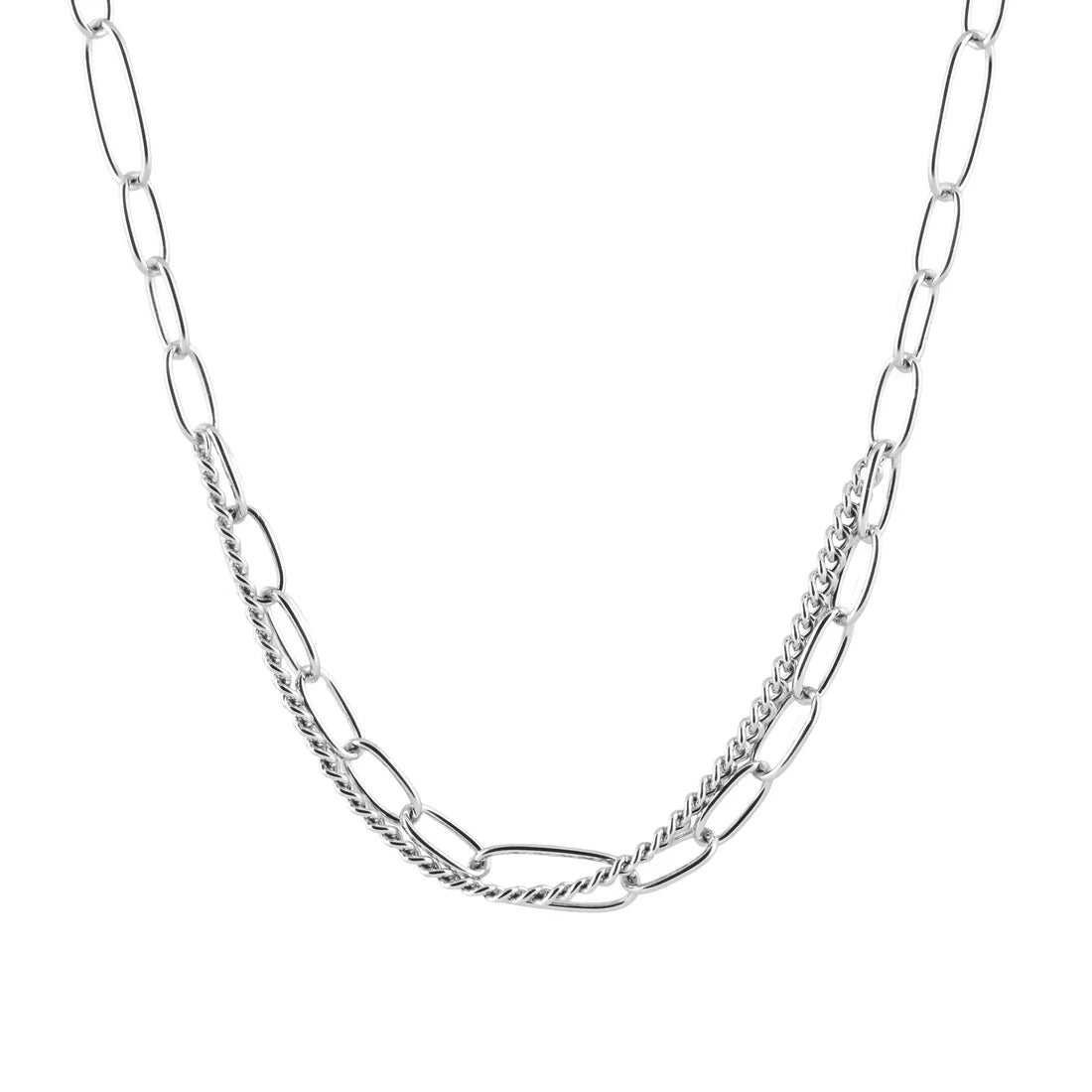Halskette aus rhodiniertem Sterlingsilber, bestehend aus ineinander verschlungenen ovalen Gliedern unterschiedlicher Größe und einer Gourmetgliederkette N-1515