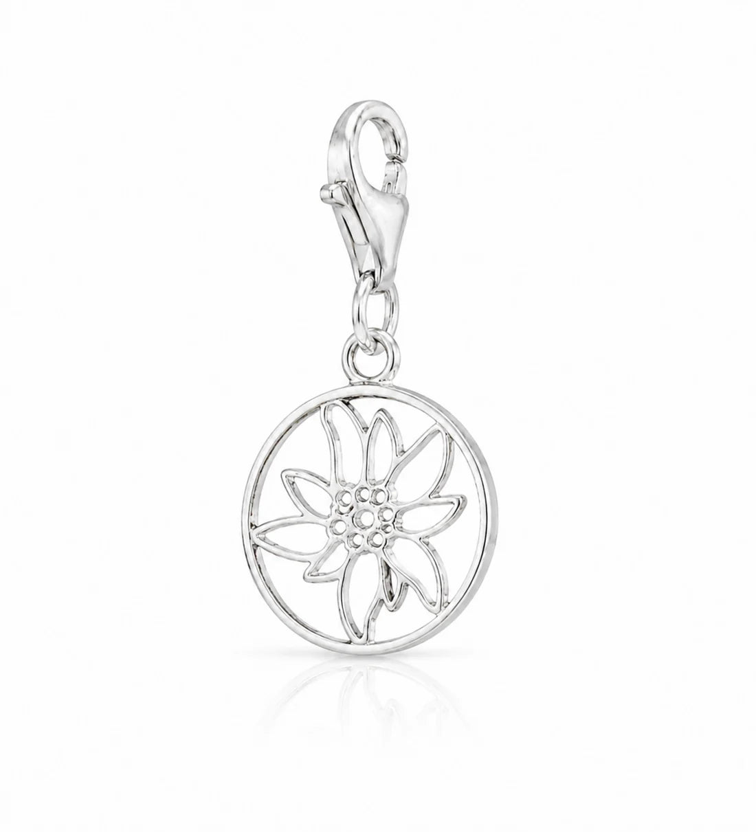 Edelweiss Charm in runder Form aus rhodiniertem Silber C-7038