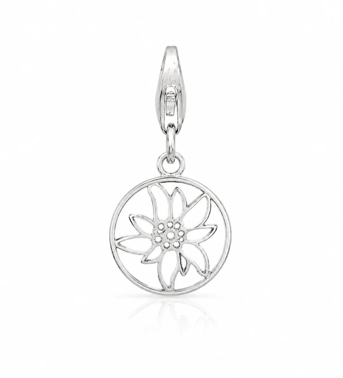 Edelweiss Charm in runder Form aus rhodiniertem Silber C-7038