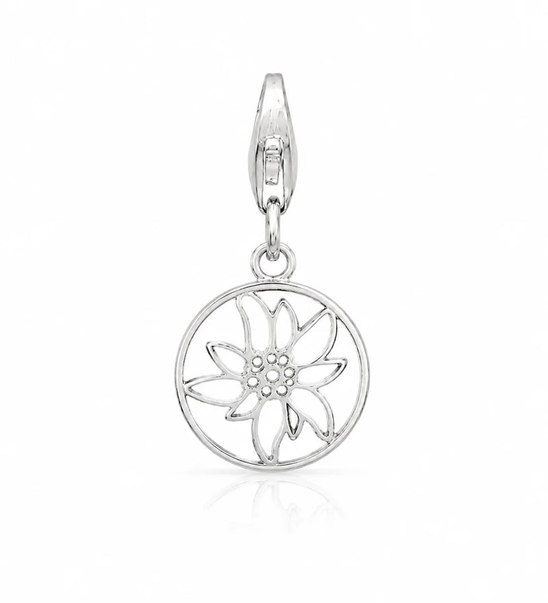 Edelweiss Charm in runder Form aus rhodiniertem Silber C-7038