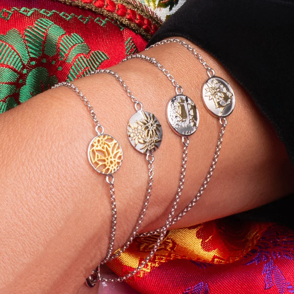 Rundess terling Silber Armband mit Bicolor Filigraner Edelweiss Motiv BG-7010