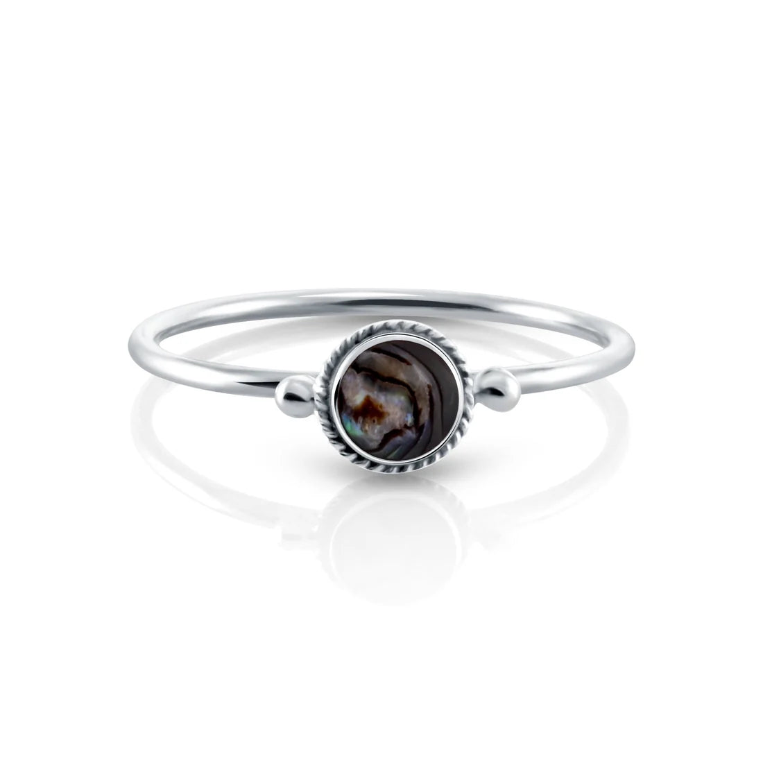 Kleiner Ring aus Sterlingsilber mit einem wunderschönen, runden, mehrfach reflektierenden Abalone (Perlmutt) Cabochon RI-10123P-50