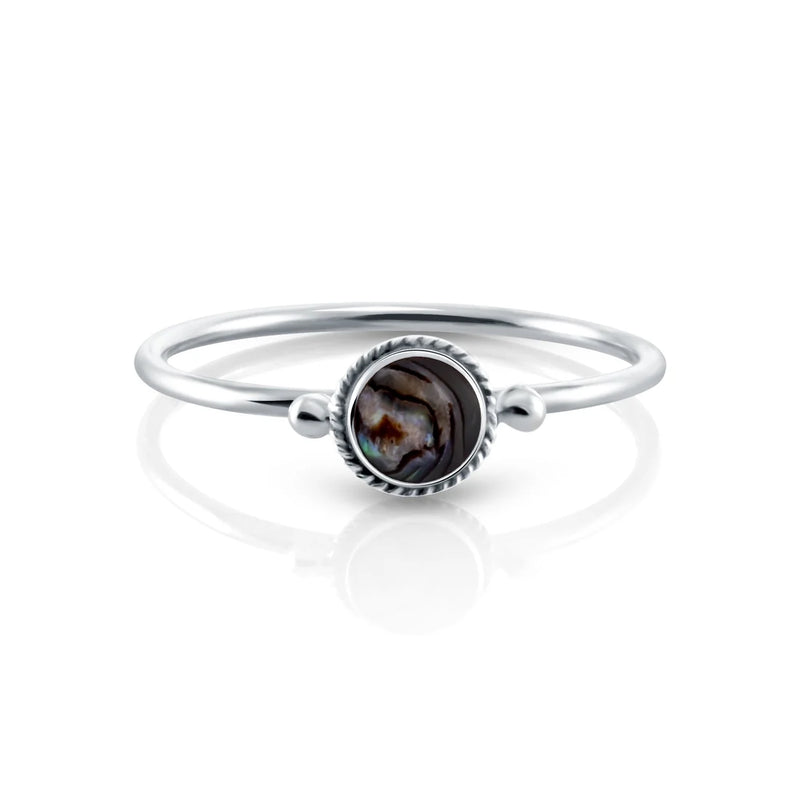 Kleiner Ring aus Sterlingsilber mit einem wunderschönen, runden, mehrfach reflektierenden Abalone (Perlmutt) Cabochon RI-10123P