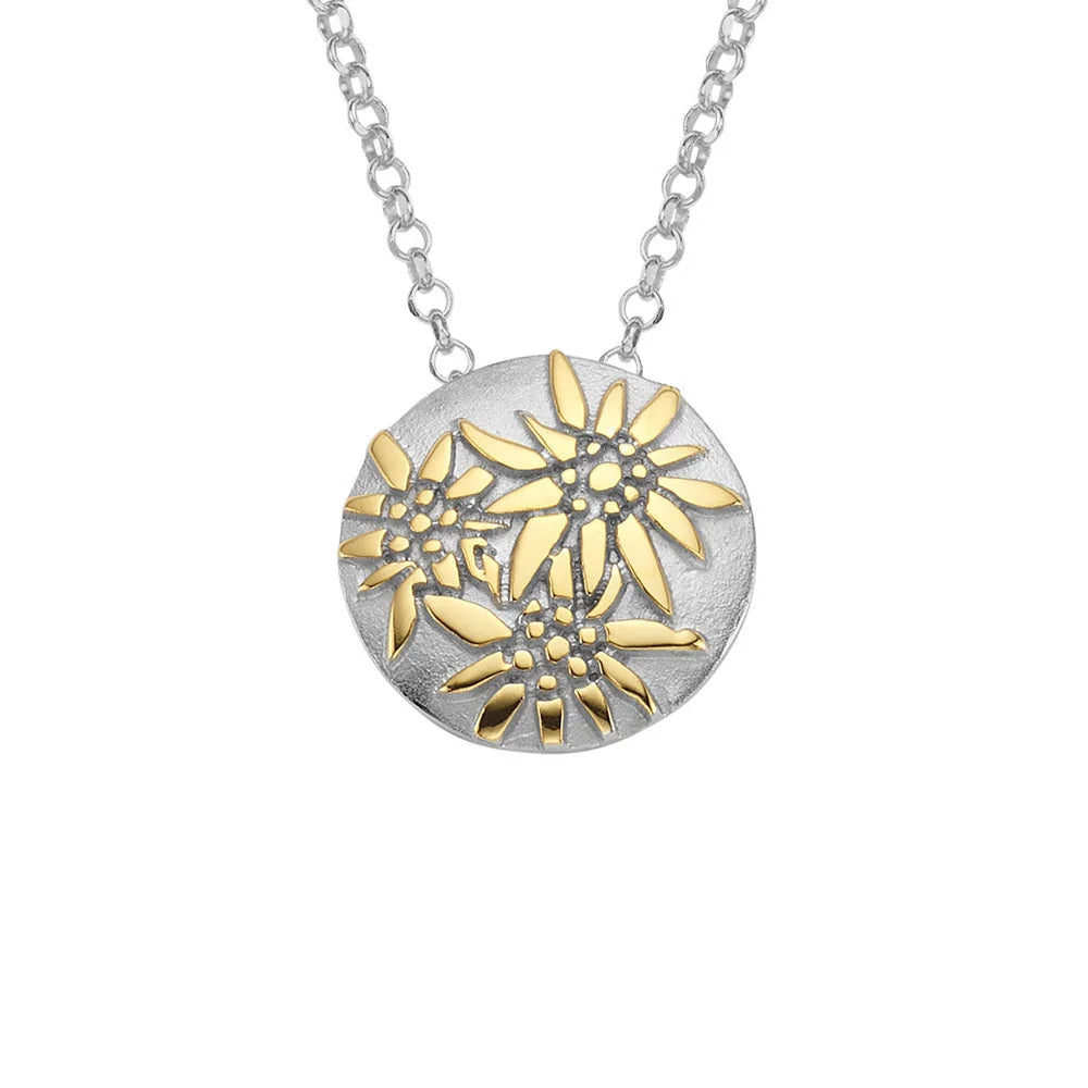 Sterlingsilber Bicolor Halskette und bombiertes Profil Anhänger mit Edelweiss Motiv NG-7008
