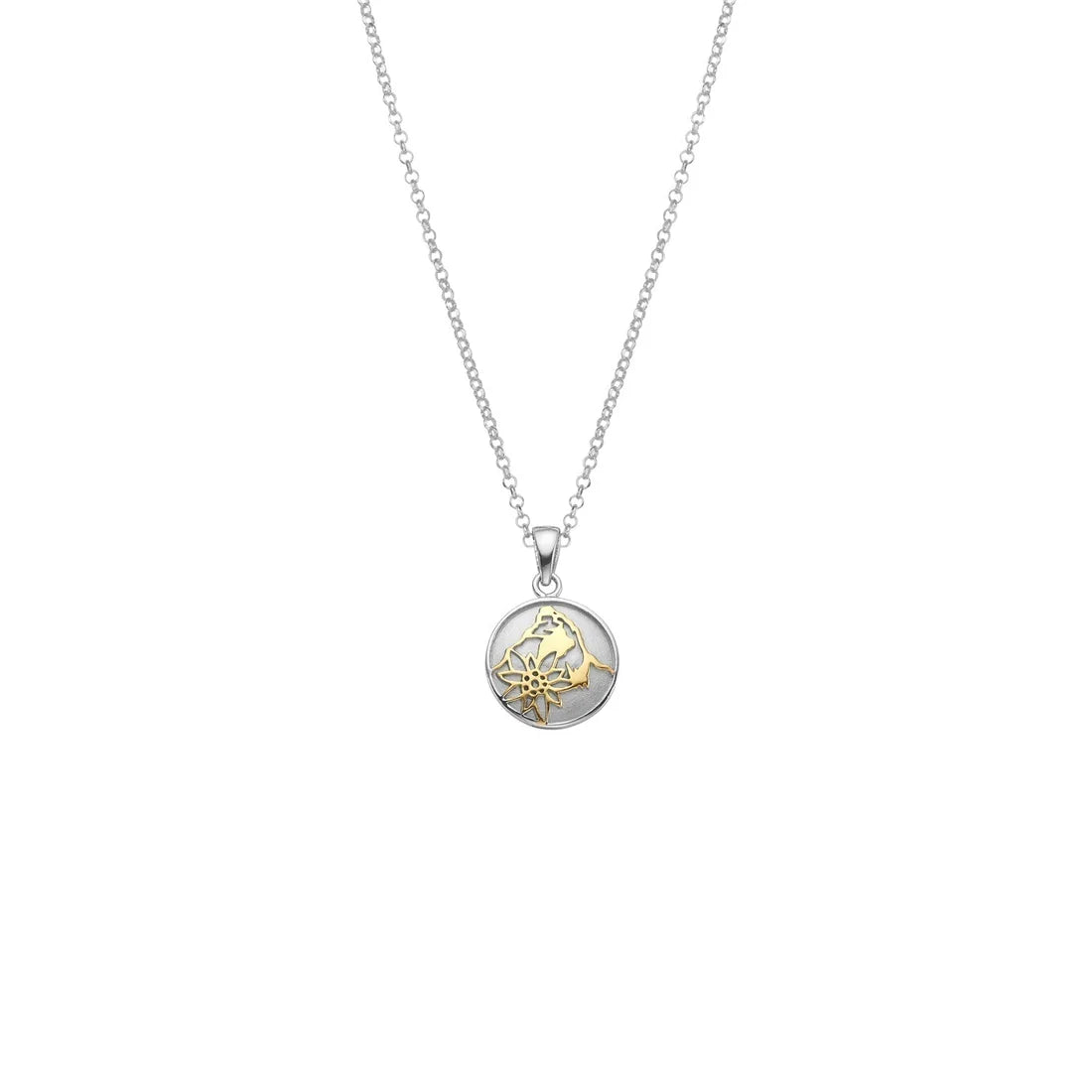 Sterlingsilber Bicolor Halskette und bombiertes Profil Anhänger mit Matterhorn und Edelweiss Motiv NG-7010