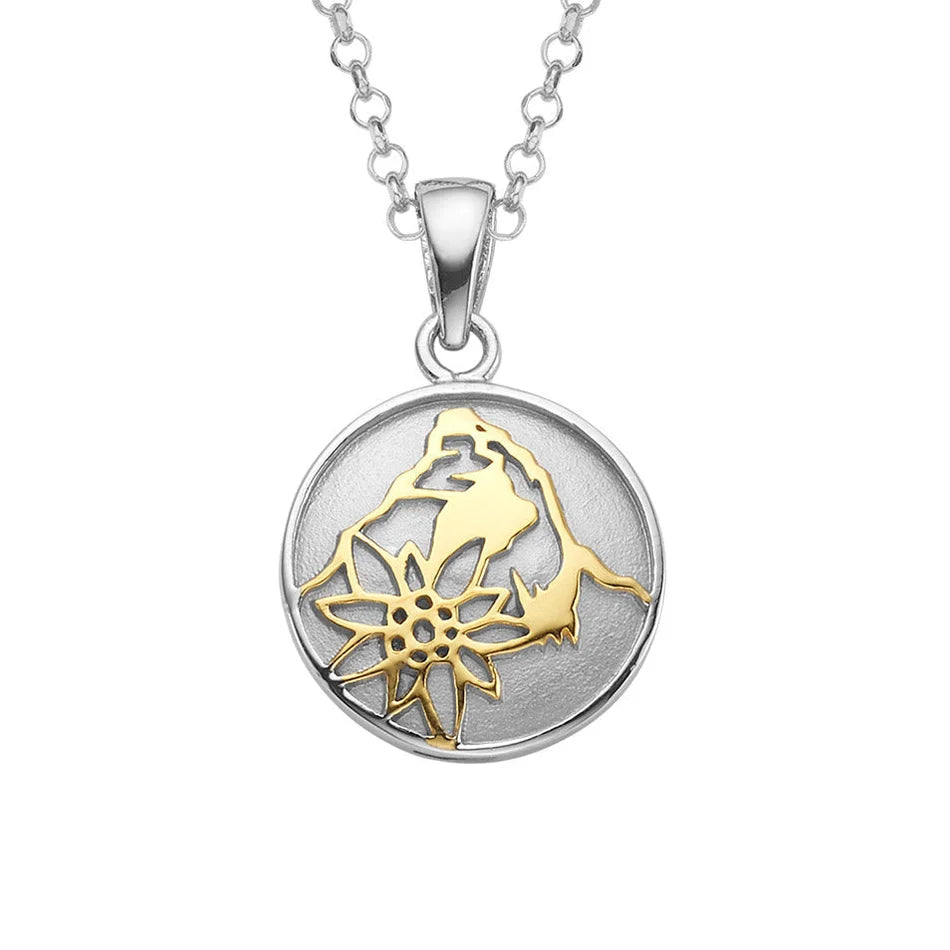 Sterlingsilber Bicolor Halskette und bombiertes Profil Anhänger mit Matterhorn und Edelweiss Motiv NG-7010