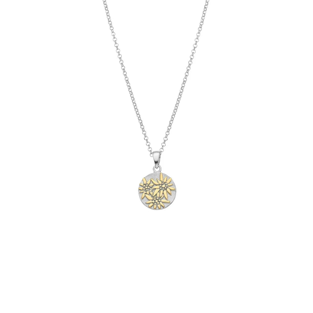 Sterlingsilber Bicolor Halskette und flaches Profil Anhänger mit Edelweiss Motiv NG-7006