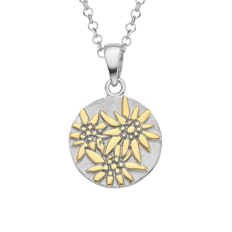 Sterlingsilber Bicolor Halskette und flaches Profil Anhänger mit Edelweiss Motiv NG-7006