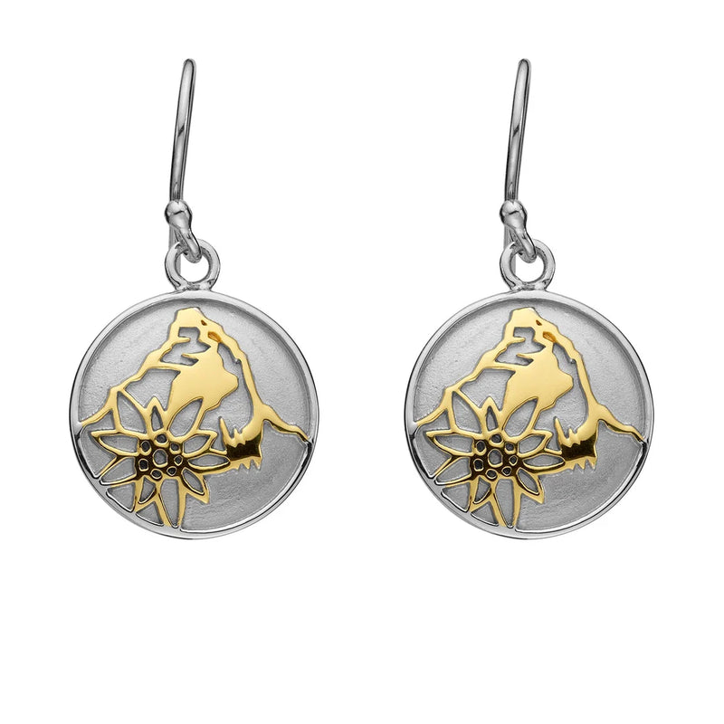 Sterlingsilber Bicolor bombiertes Profil Ohrring mit Matterhorn und Edelweiss Motiv EG-7011