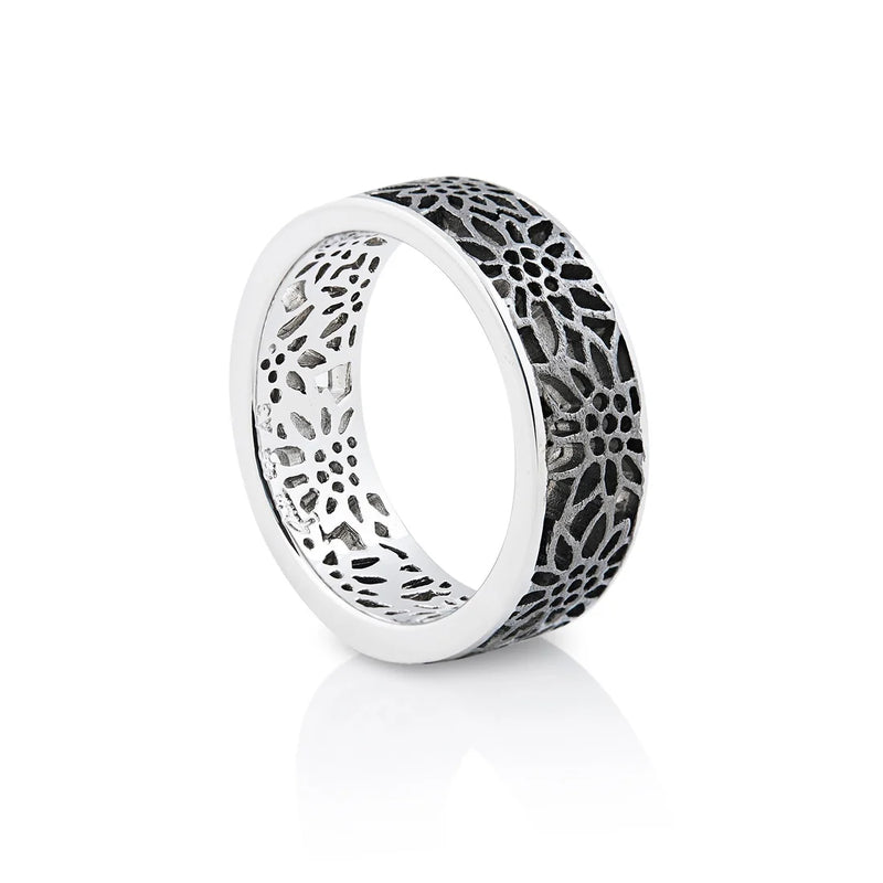 Fine Ring in Sterlingsilber Mit Edelweiss Filigran Rhodium Schwarz R-8007