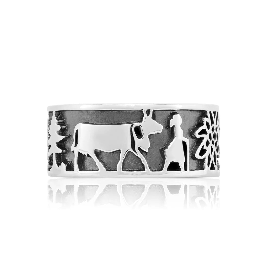 Sterlingsilber Edelweiss Ring mit Käser und seinen Kühen R-7001-1