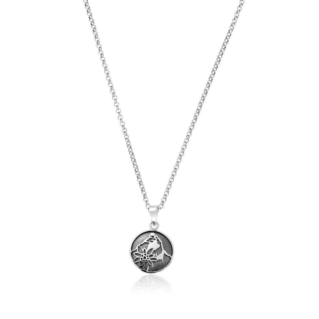 Sterlingsilber Halskette und bombiertes Profil Anhänger mit Matterhorn und Edelweiss Motiv N-7009