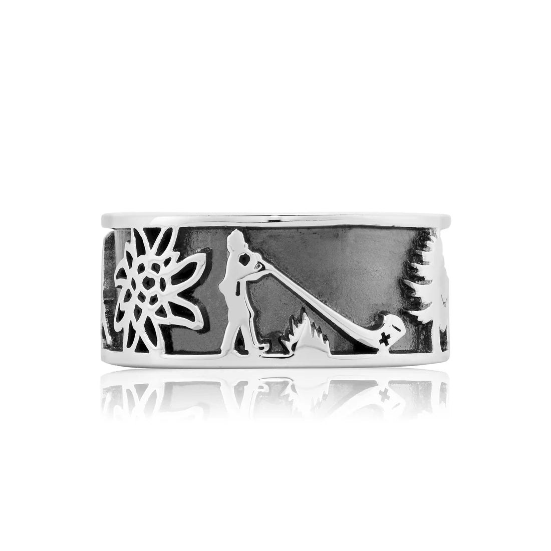 Sterlingsilber Ring mit Steinbock, Matterhorn, Edelweiß und Alphorn R-7002-1
