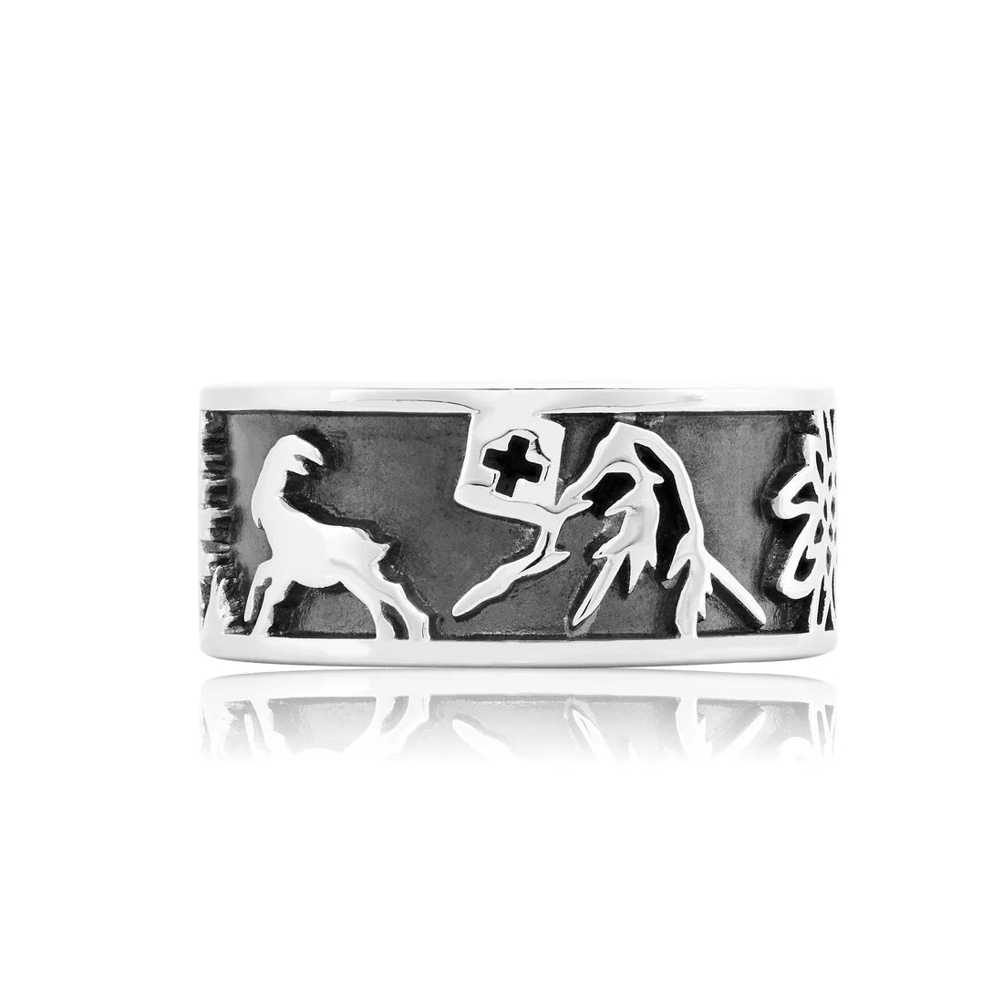 Sterlingsilber Ring mit Steinbock, Matterhorn, Edelweiß und Alphorn R-7002-1