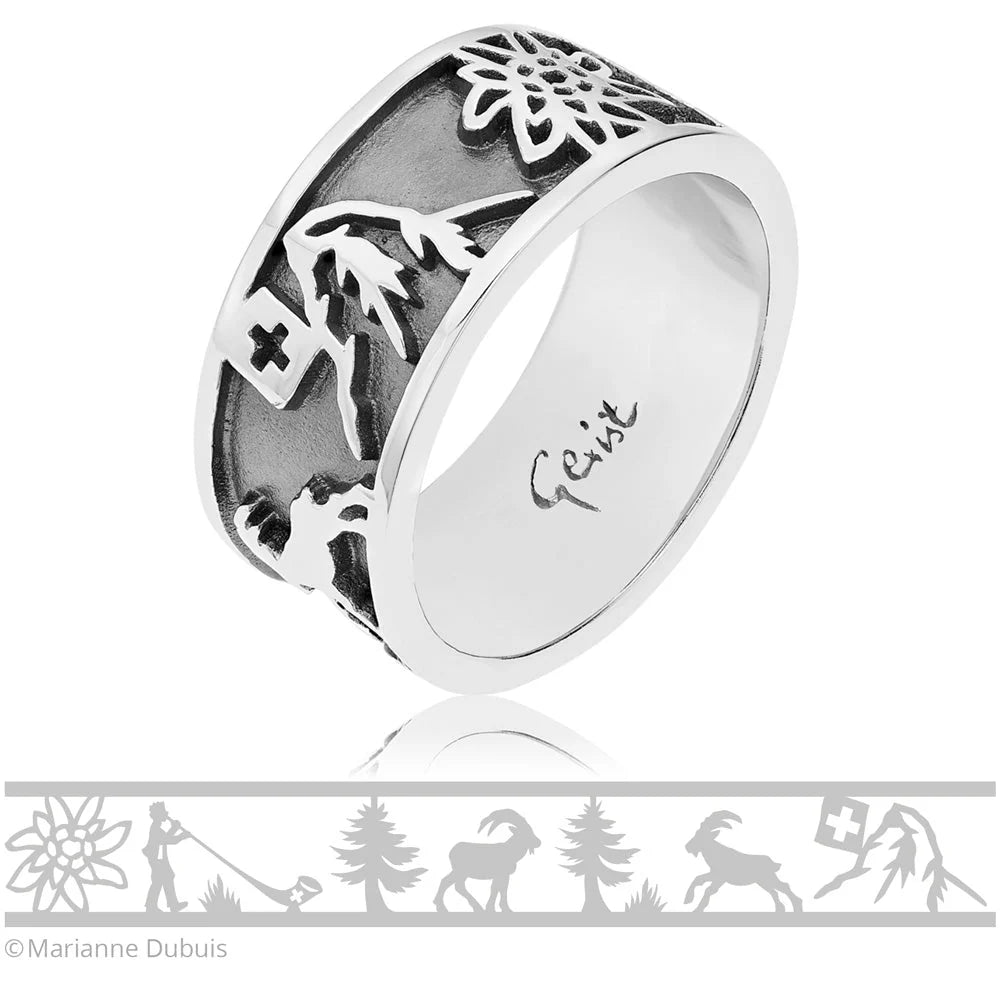 Sterlingsilber Ring mit Steinbock, Matterhorn, Edelweiß und Alphorn R-7002-1