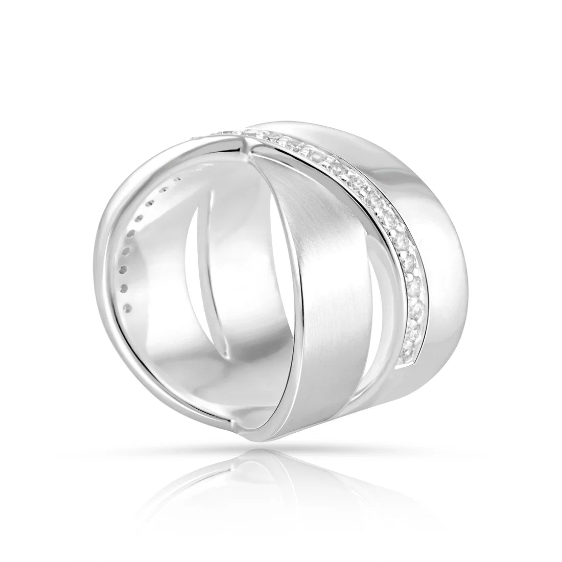 Ring aus Sterlingsilber mit zwei gekreuzten Bändern im X-Design, glänzende Oberfläche, verziert mit weißen Zirkonia und einem satinierten Band 20-1007-52