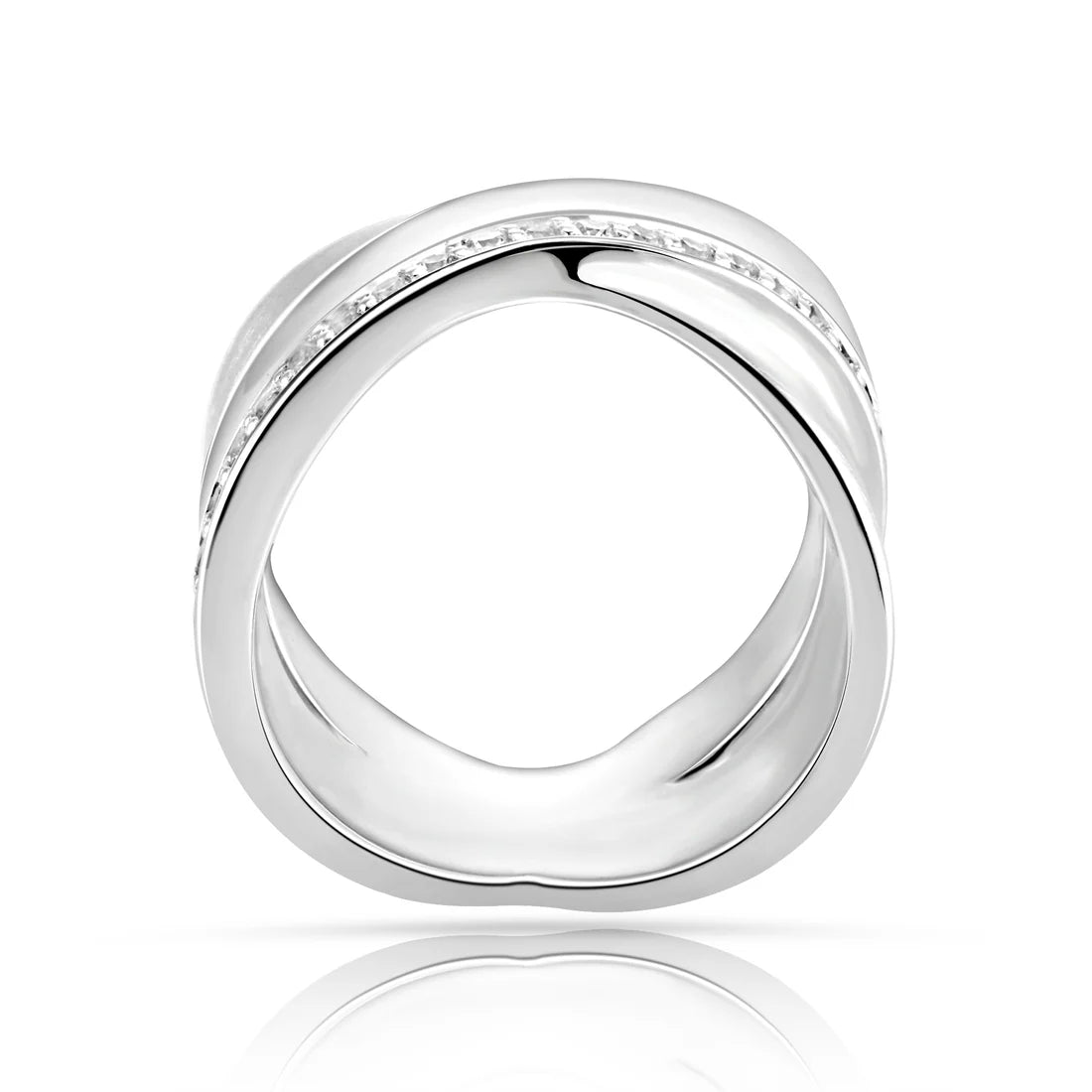 Ring aus Sterlingsilber mit zwei gekreuzten Bändern im X-Design, glänzende Oberfläche, verziert mit weißen Zirkonia und einem satinierten Band 20-1007-52