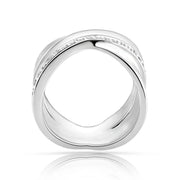 Ring aus Sterlingsilber mit zwei gekreuzten Bändern im X-Design, glänzende Oberfläche, verziert mit weißen Zirkonia und einem satinierten Band 20-1007