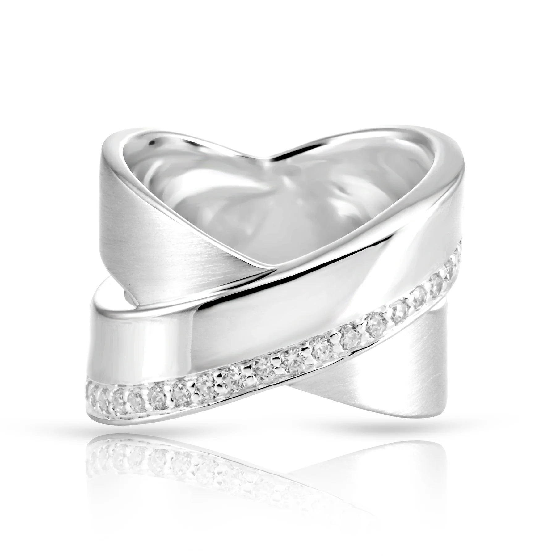 Ring aus Sterlingsilber mit zwei gekreuzten Bändern im X-Design, glänzende Oberfläche, verziert mit weißen Zirkonia und einem satinierten Band 20-1007-52
