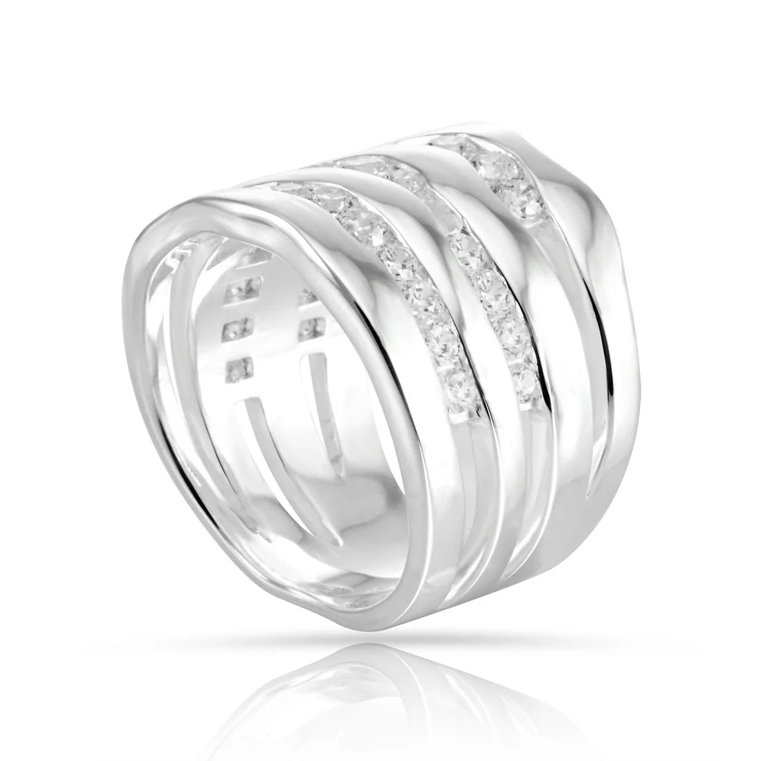 Ring aus Sterlingsilber mit glänzender Oberfläche, mehrreihiges Wellenmuster, dazwischen funkelnde weiße Zirkonia 20-1019-52