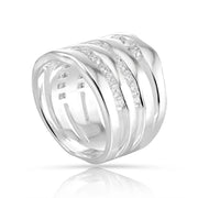 Ring aus Sterlingsilber mit glänzender Oberfläche, mehrreihiges Wellenmuster, dazwischen funkelnde weiße Zirkonia 20-1019