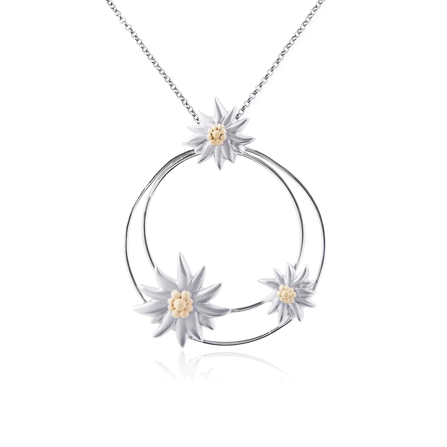 Sterling Silber Halskette mit drei Bicolor satinierten Edelweißen NG-7026