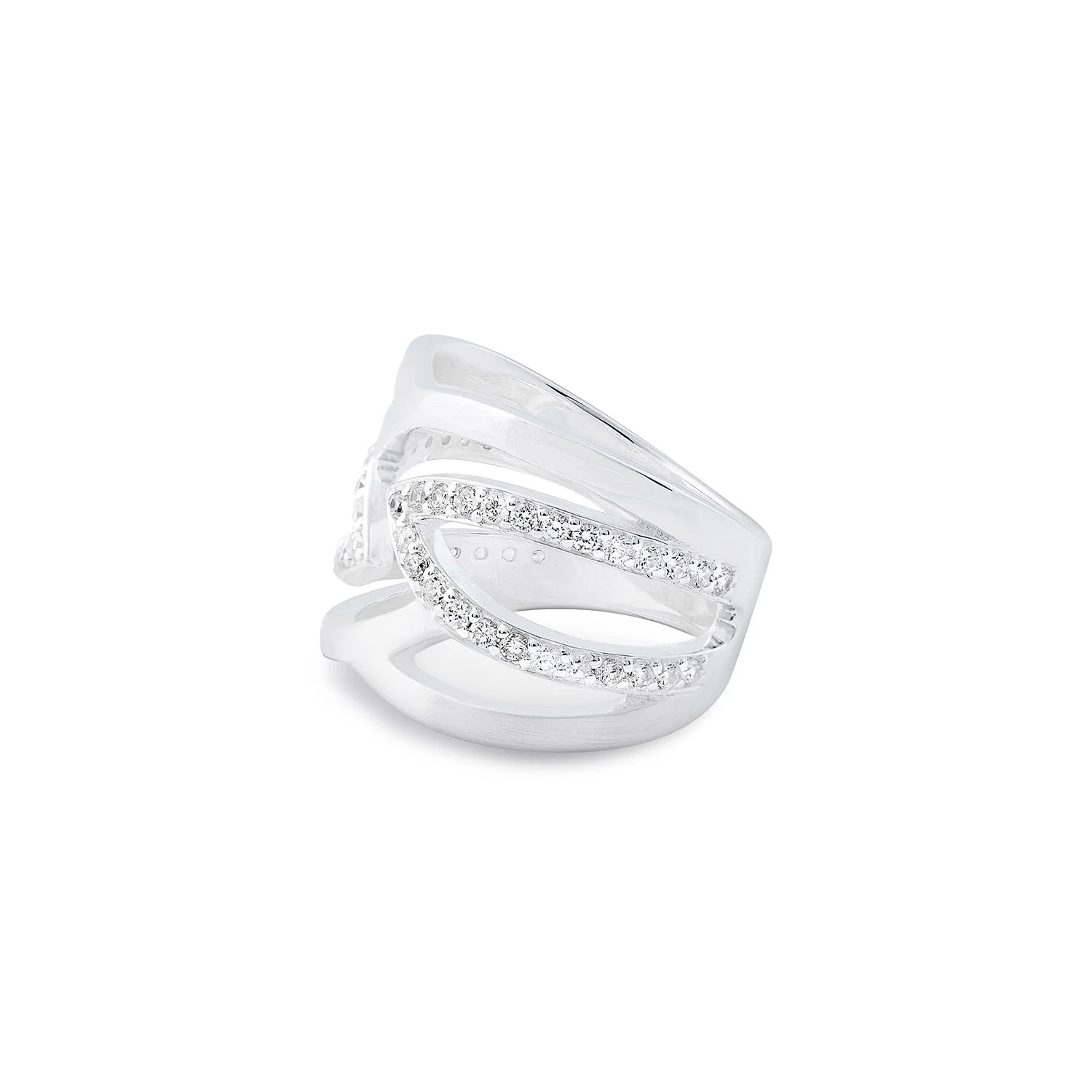 Ring aus Sterlingsilber im zeitgenössischen geometrischen Stil, der von Zirkonia-Pavé begleitet wird 20-1009