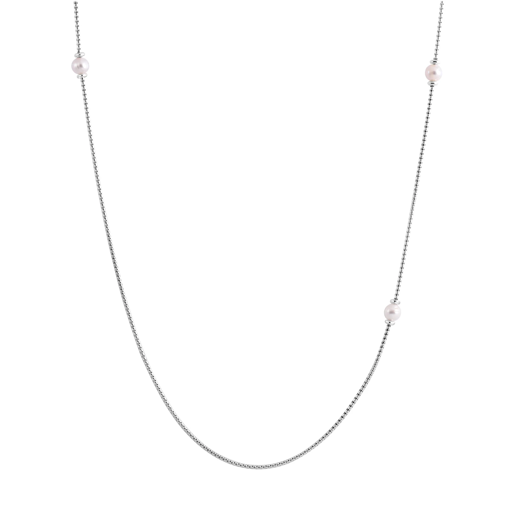Halskette aus rhodiniertem Sterlingsilber mit langer glänzender geflochtener Kette und mehreren runden weißen Süßwasserperlen als Zwischenstücke N-4641