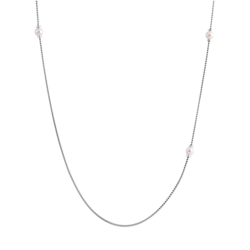 Halskette aus rhodiniertem Sterlingsilber mit langer glänzender geflochtener Kette und mehreren runden weißen Süßwasserperlen als Zwischenstücke N-4641