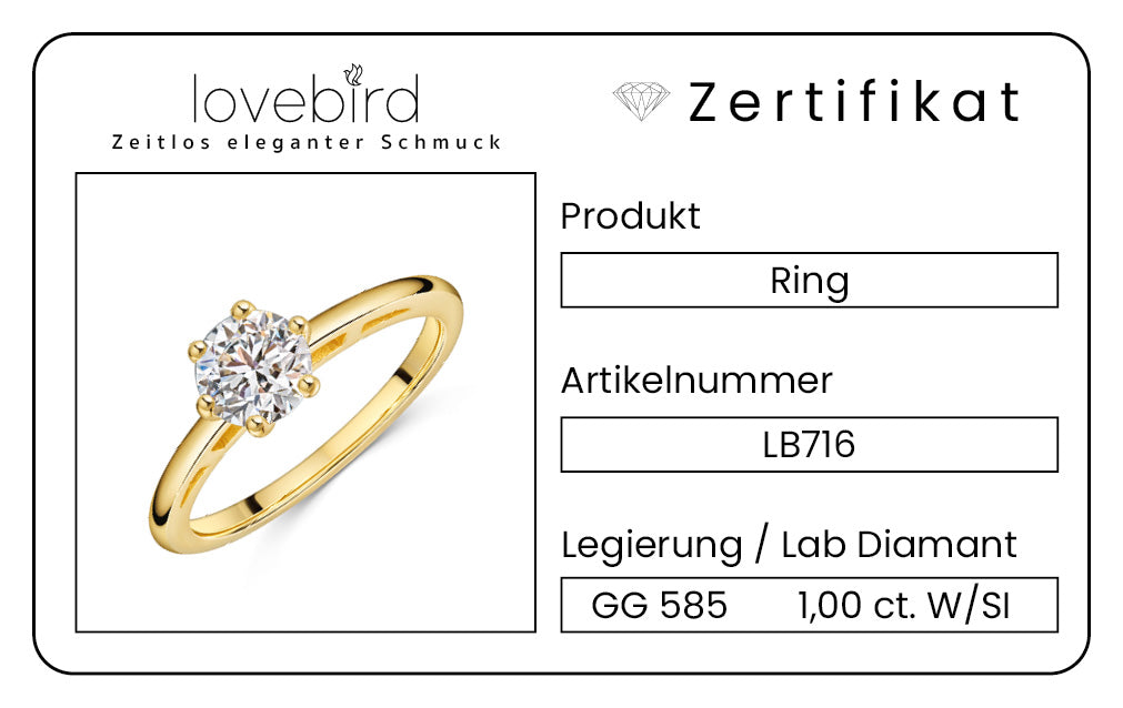Lovebird Damenring mit Lab Grown Brillant 1,00 ct. Gelbgold 585 LB716