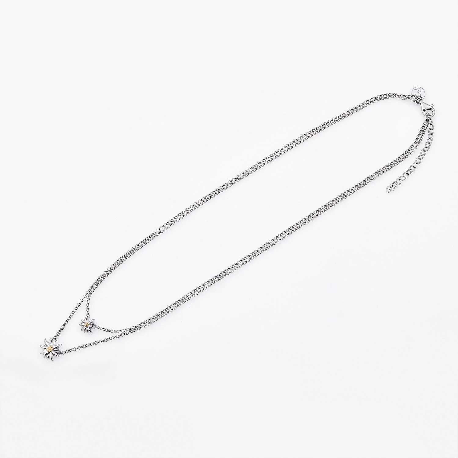 Doppelte Halskette aus Sterlingsilber mit zwei glänzenden Edelweißanhängern Bicolor NG-8027