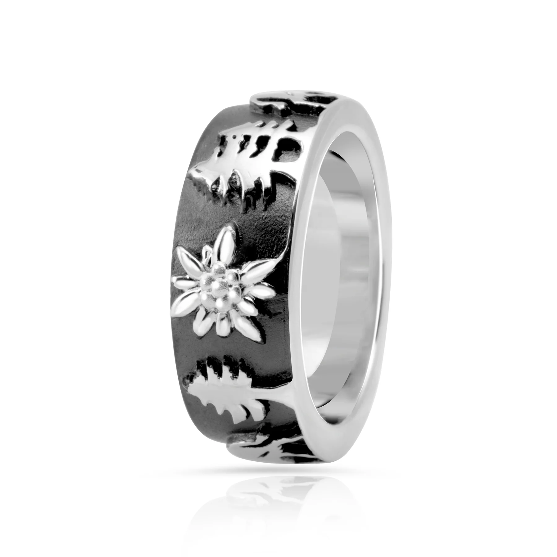 Ring aus schwarz rhodiniertem Sterlingsilber mit Kühen, Kälbern, Tannenbäumen, Edelweiss R-7023-48