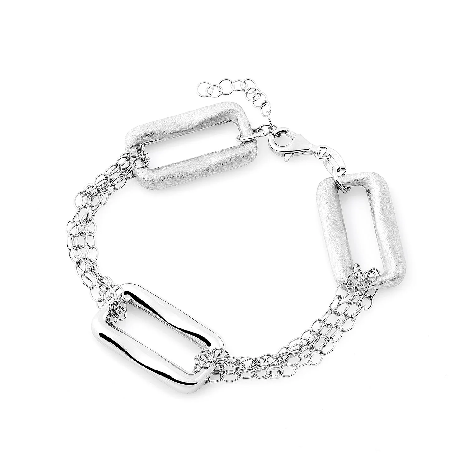Sterlingsilber Armband aus einer doppelten Kette aus ovalen Rola-Gliedern mit drei rechteckigen Elementen mit einer Mischung aus glänzenden und gebürsteten Silber-Oberfläche B-1438