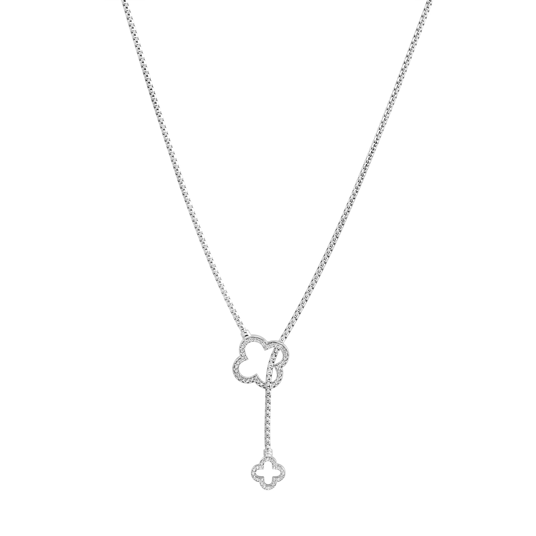 Krawattenkette aus rhodiniertem Sterlingsilber mit geflochtener Kette und Endstücken in unterschiedlichen Größen, besetzt mit weißen Zirkonia N-4635