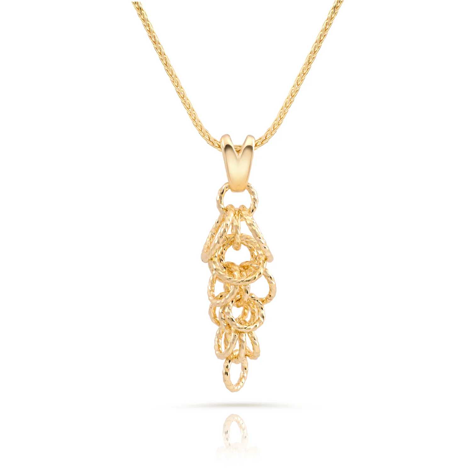 Sterling Silber Halskette mit Gelbgoldbeschichtung, feine gedrehte Kette, länglicher Baum-Anhänger, mehrere Ringe mit Diamantfinish NG-4628