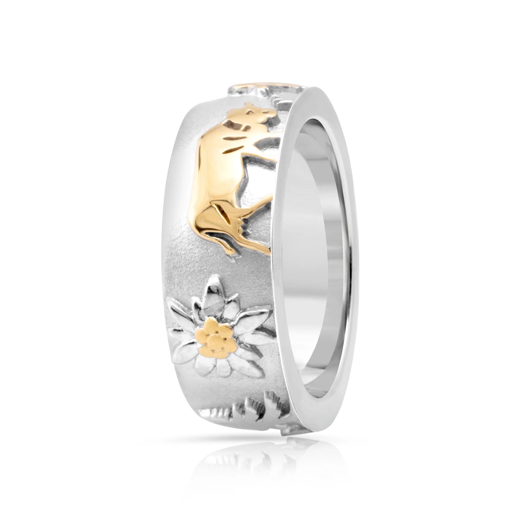 Bicolor Ring aus Sterlingsilber mit Alphorn, Kühen, Edelweiß und Tannenbäumen RG-7024-48
