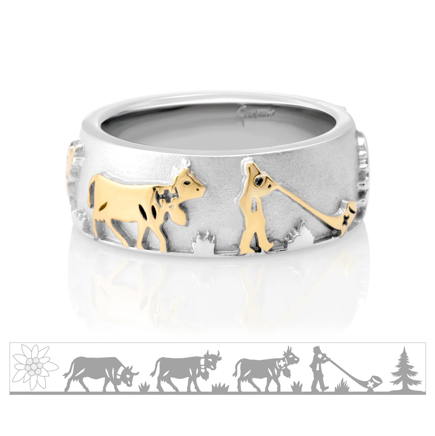 Bicolor Ring aus Sterlingsilber mit Alphorn, Kühen, Edelweiß und Tannenbäumen RG-7024-48