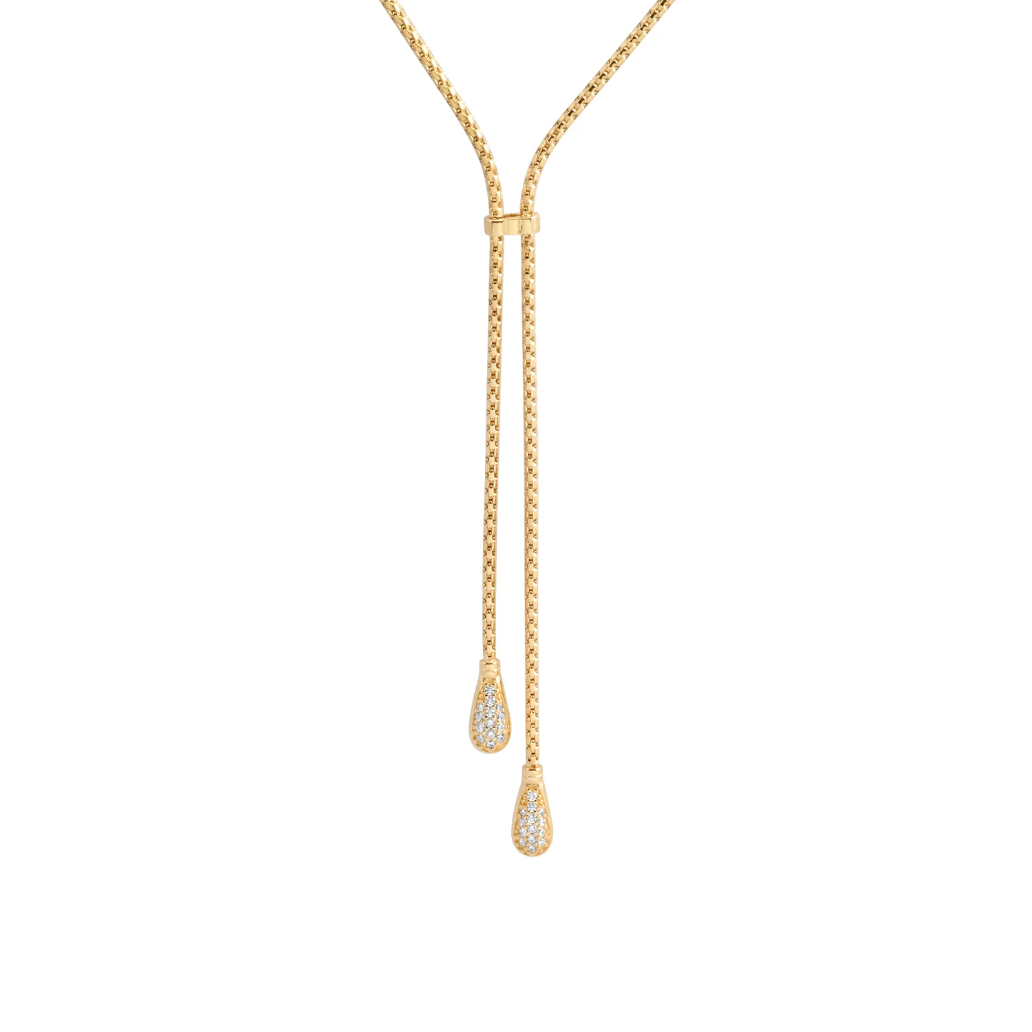 Sterling Silber Halskette mit Gelbgoldbeschichtung, geflochtene Kette mit zwei Endkappen, die jeweils mit einem Tropfen mit weißen Zirkonen verziert sind NG-4632
