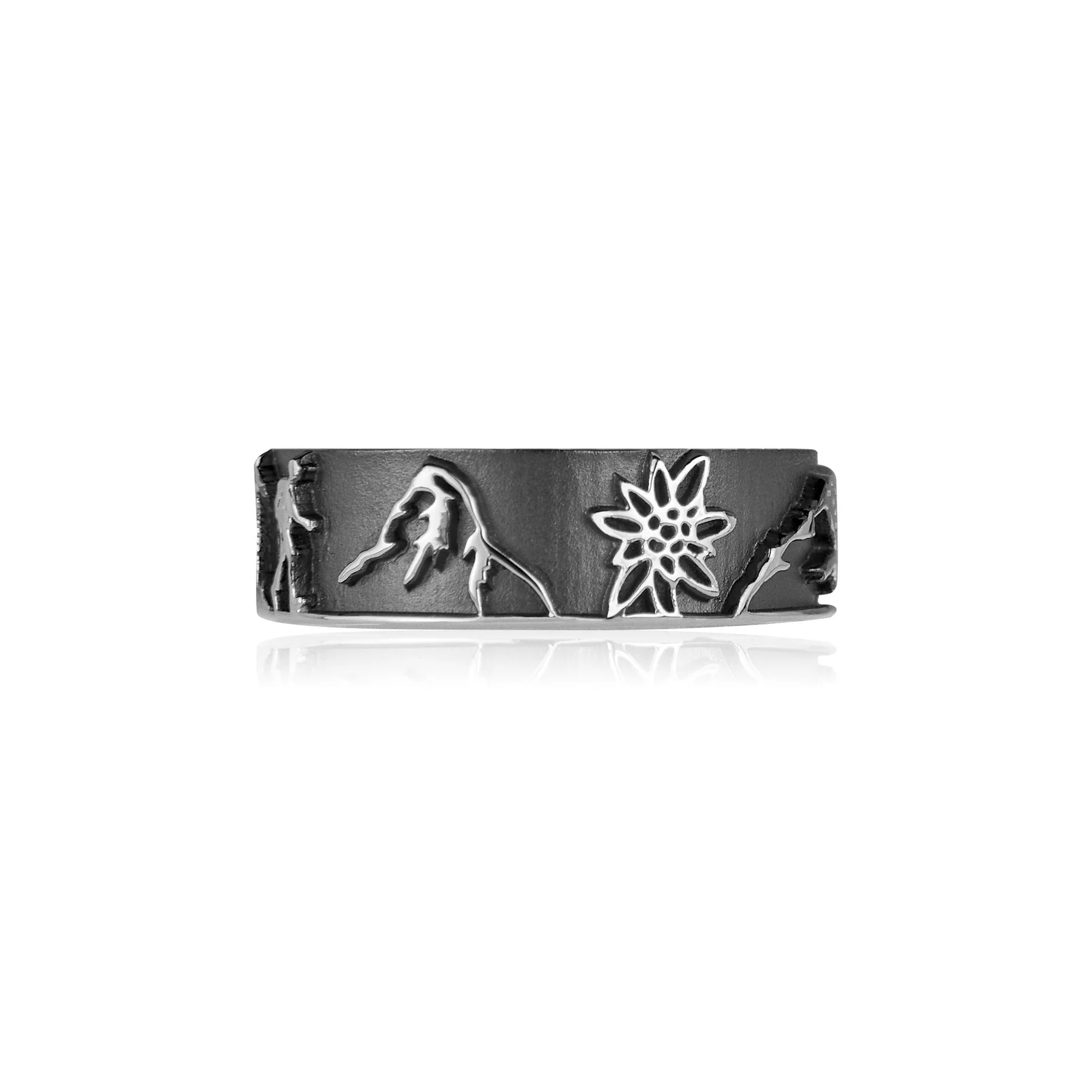 Sterlingsilber Ring mit Steinböcken, Gämse, Matterhorn, Edelweiss, Wanderern und Chalet R-7008-1