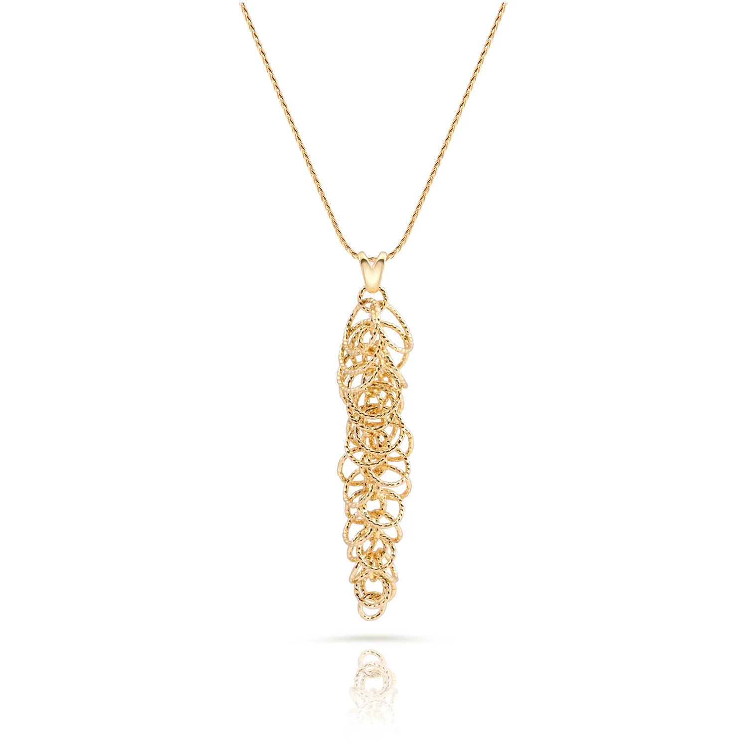Sterling Silber Halskette mit Gelbgoldbeschichtung, lange, feine, gedrehte Kette, länglicher Baum-Anhänger, mehrere Ringe mit Diamantfinish NG-4626