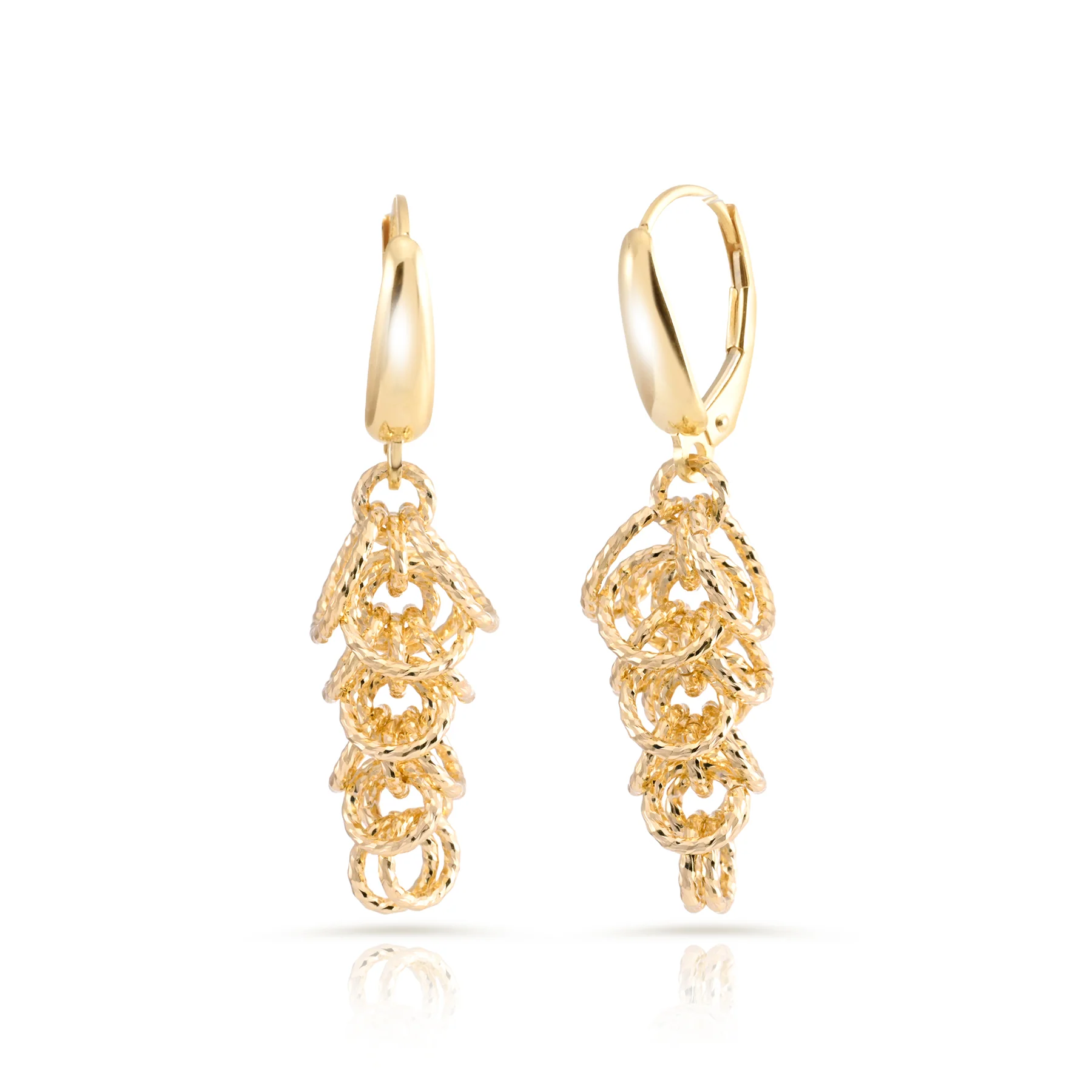Sterling-Silber-Ohrringe mit Gelbgoldbeschichtung in länglicher Baumform, mit mehreren Ringen und glänzender Diamantschliff-Oberfläche EG-4620