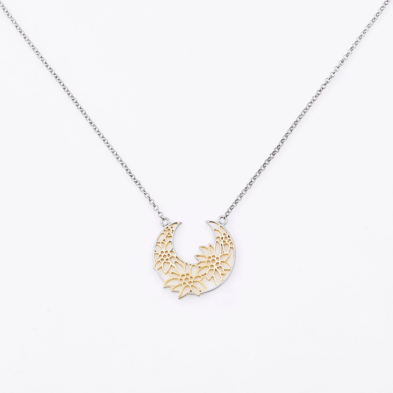 Sterlingsilber Halskette mit Gold Edelweiss Filigran Bicolor Korb Anhänger NG-7021
