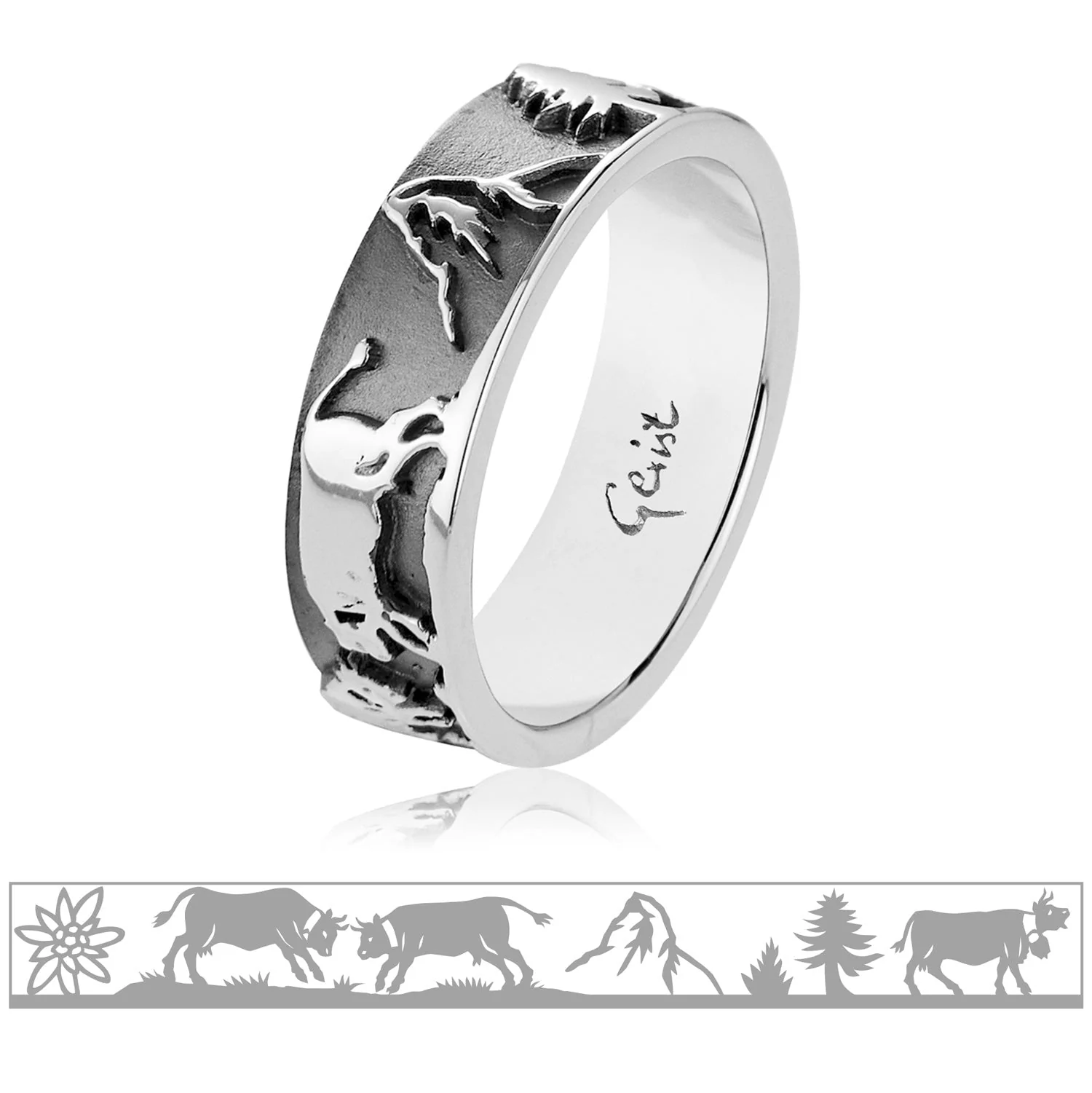Edelweiss Ring Sterlingsilber mit Edelweiss, Matterhorn, seine Kühe und Tannen verziert R-7009-1