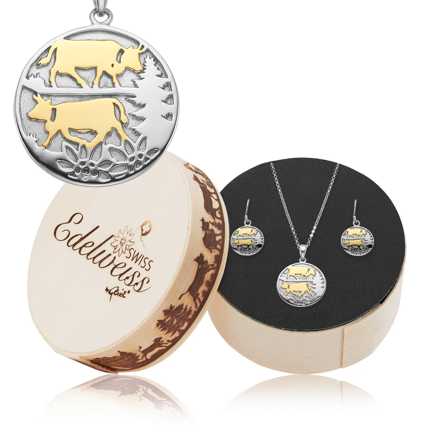 Set aus Halskette und Ohrringen aus Bicolor Silber mit Poya Motiv S-7002