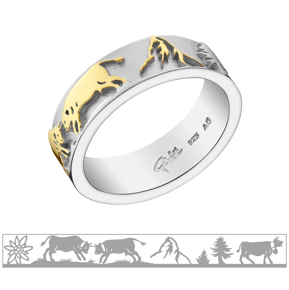 Bicolor Sterlingsilber Ring mit Kühen, Edelweiss, Matterhorn und Tannen RG-7012-1